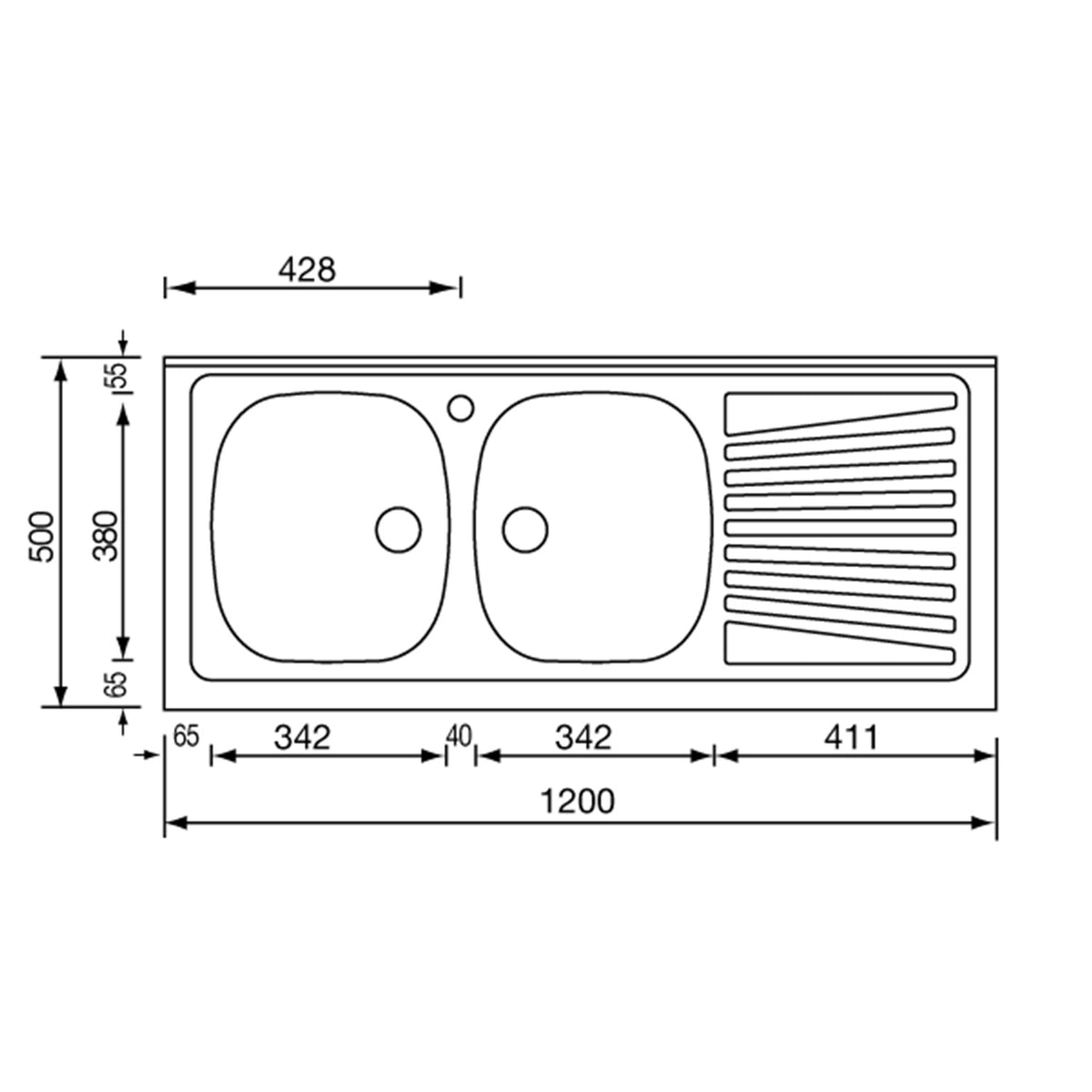 Lavello Inox ad Appoggio 120x50 due vasche e gocciolatoio